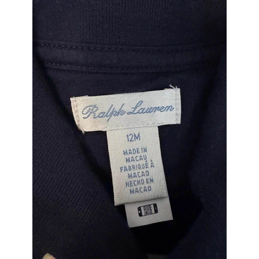 Ralph Lauren Baby Boy Navy Cream Striped Shawl Collar Cotton Coverall 12M ff